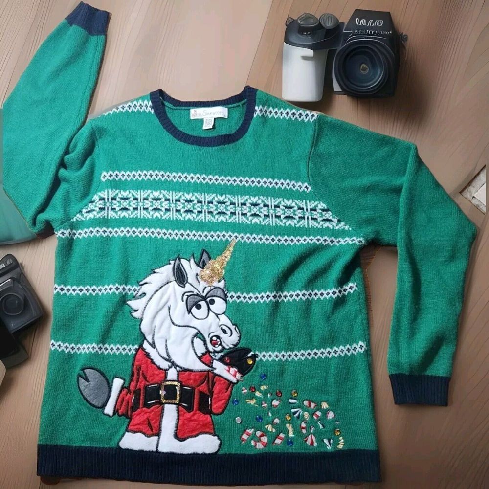 Womens Ugly Christmas Sweater Size Xl Green Unicorn Jolly Sweaters